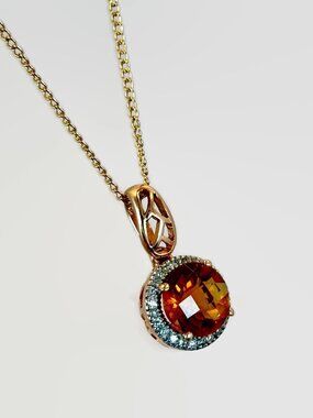 Madeira Citrine Necklace Pendant; 10K Gold, Diamonds, Vintage, Chain GF